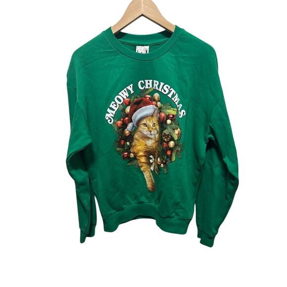 Cat Christmas sweatshirt crewneck green Meowy Xmas size med kitten orange kitty - Picture 1 of 6
